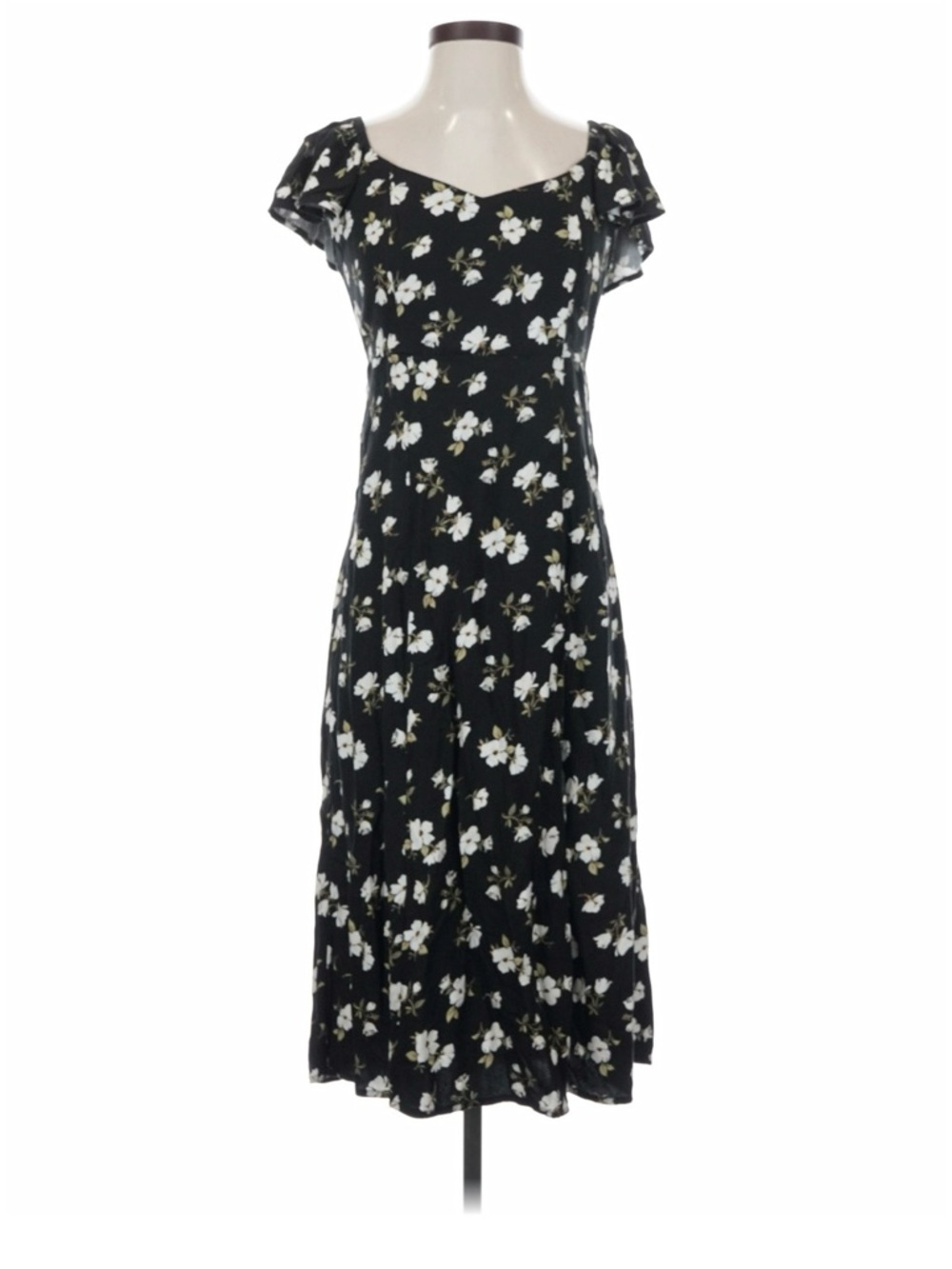 Old Navy Black Floral Midi Dress with White Flower Print
